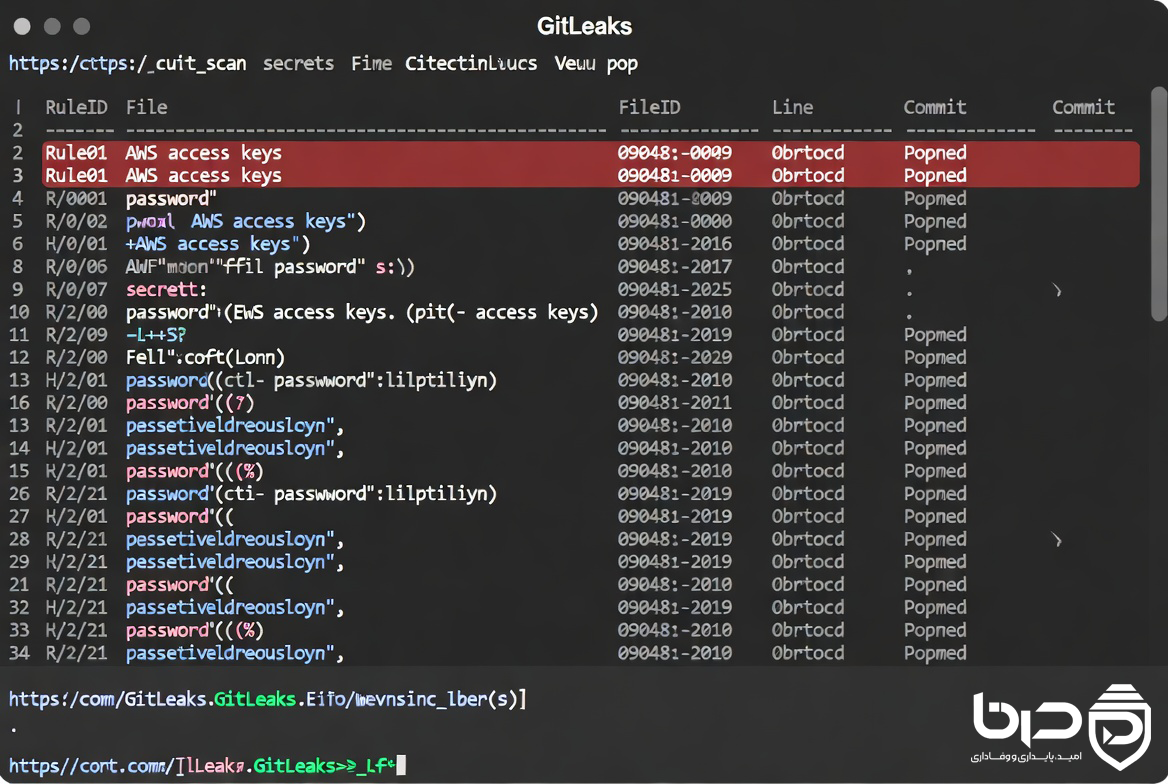 ترمینال GitLeaks با تشخیص secrets